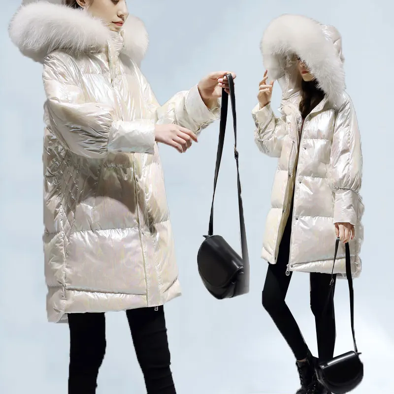 

2019 New Cotton Jacket Coat Big Fur Collar European Bright Face Cotton Clothing Female Winter Wear Long Fashion Down Jacket 463