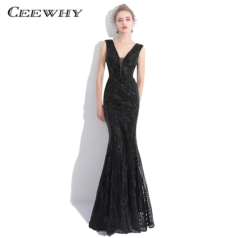 CEEWHY V Neck Black Abendkleider Vestido de Festa Sequined Prom Dresses Mermaid Evening Dress Long Prom Party Gown Real Photos CEEWHY V Neck Black Abendkleider Vestido de Festa Sequined Prom Dresses Mermaid Evening Dress Long Prom Party Gown Real Photos