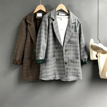 

2018 spring Autumn Vintage Plaid Long Blazer Women double breasted Blazer Loose Long Sleeve Suit Jacket Female Casual Coat