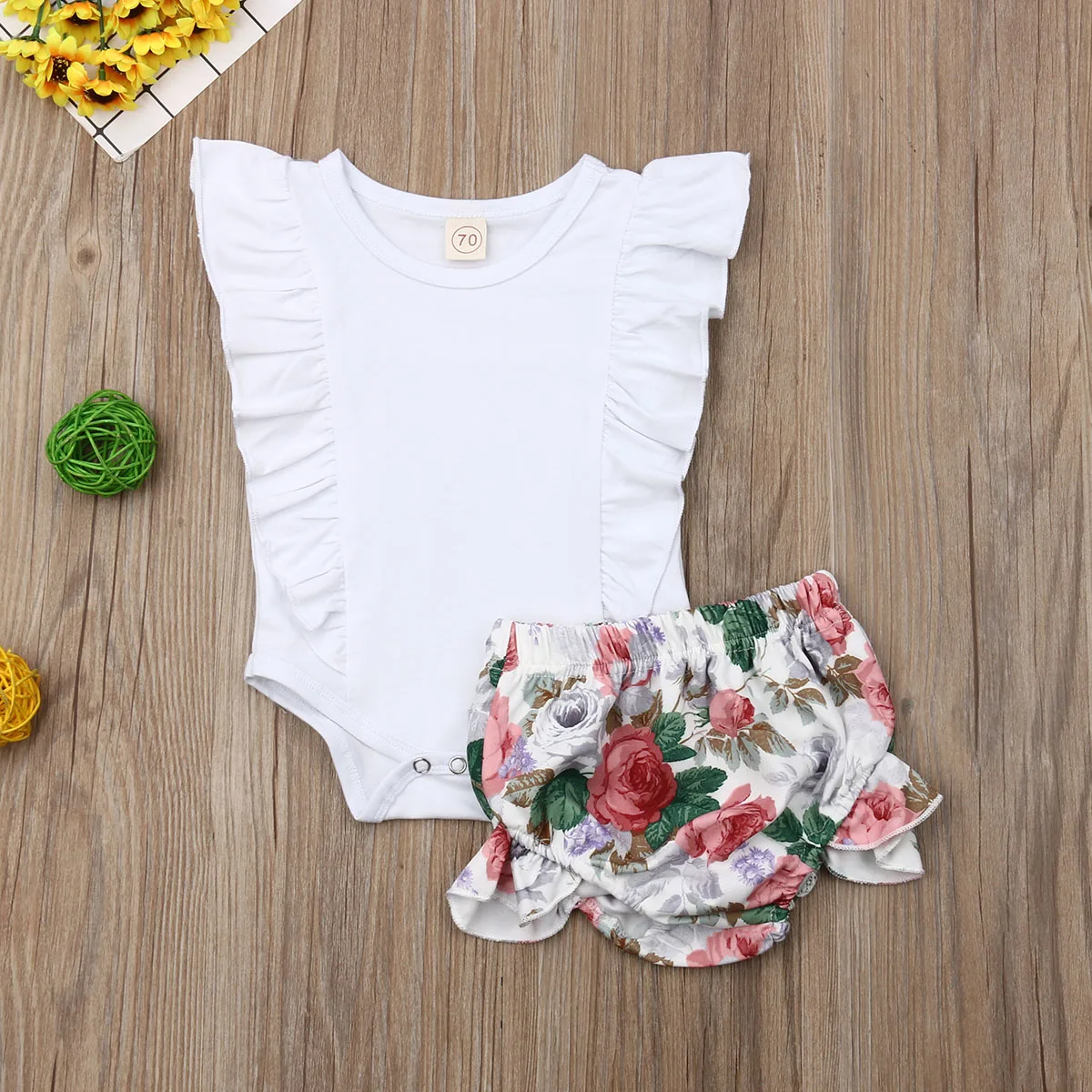 

Pudcoco Summer Newborn Baby Girl Clothes Solid Color Sleeveless Ruffle Romper Tops Flower Print Short Pants 2Pcs Outfits Clothes