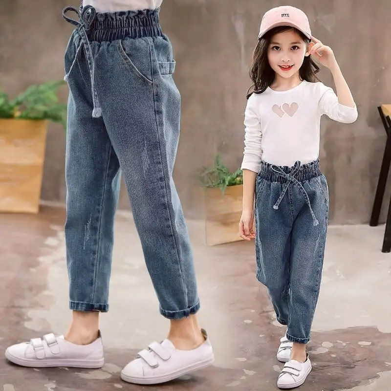

New Spring Autumn Children Girl Cotton Solid Loose Denim Trousers Kids Girls Jeans Harem Pants Toddler Girl Clothes Leggings Y36
