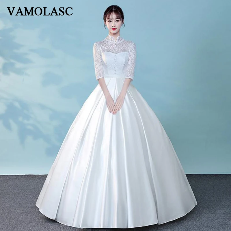 

VAMOLASC Buttons High Neck Bow Sash Ball Gown Wedding Dresses Lace Embroidery Half Sleeve Backless Bridal Gowns