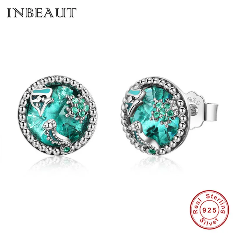 

INBEAUT 925 Sterling Silver Deep Sea Blue Crystal Stud Earrings Teen Girls Ocean Mysterious Stone Paved Earrings Women Jewelry