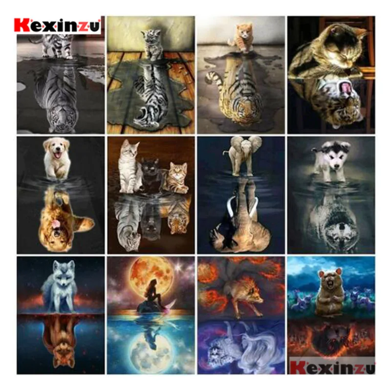 Алмазная живопись kexinzu животные алмазная вышивка отражение 5D мозаика сделай сам