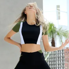 3 цвета, Лоскутная футболка с коротким рукавом для фитнеса, женский укороченный топ, футболка для йоги, топ, облегающая стрейчевая ткань, Спортивная футболка, одежда для бега