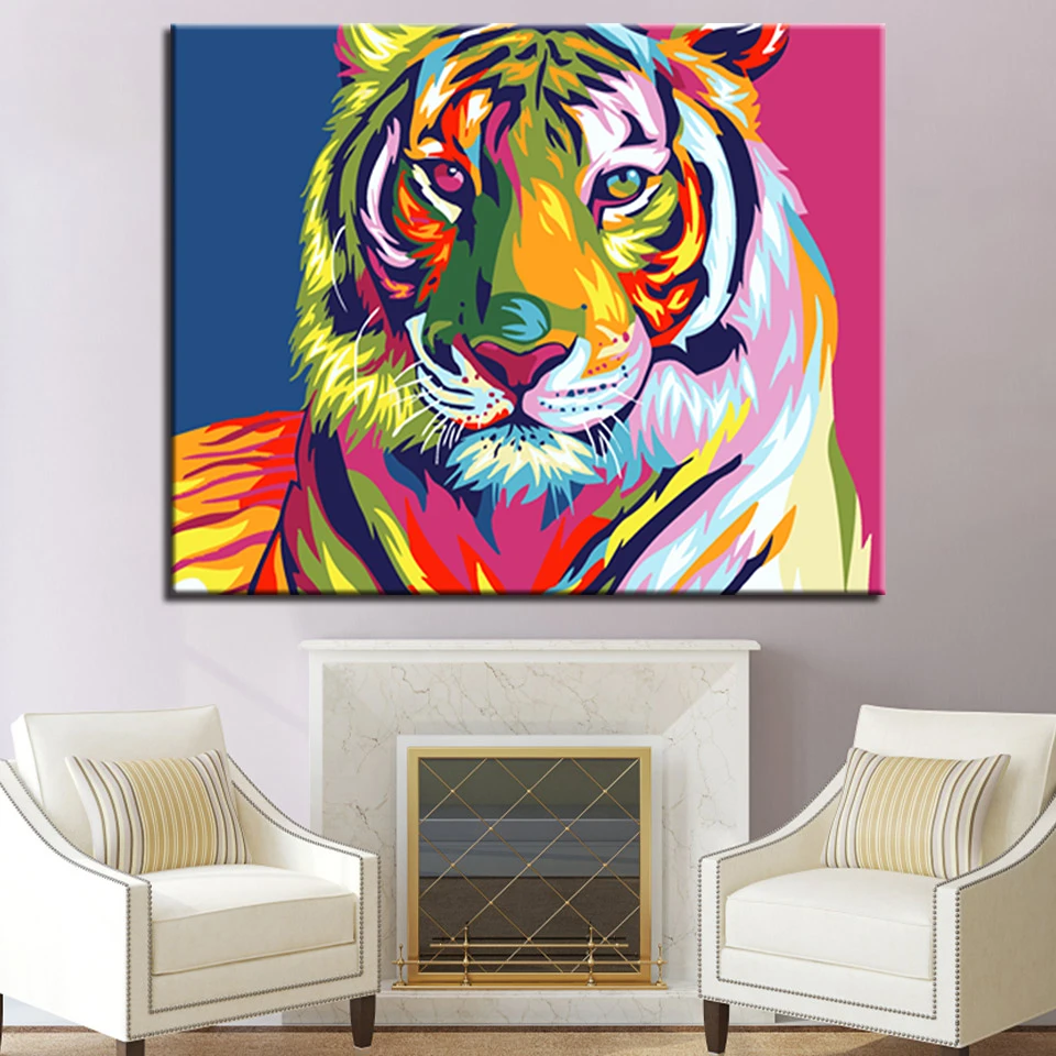 

Framed DIY Iridescence Tiger Oil Painting By Numbers Wall Art Coloring HandPainted Animal Canvas Pictures Home Decor Living Room