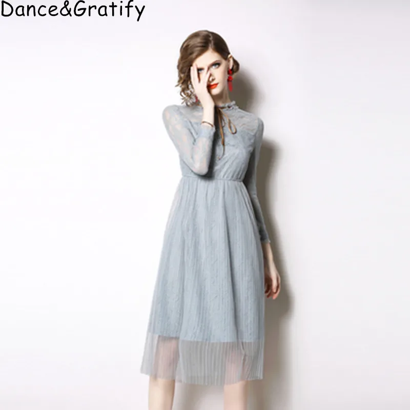

High Quality 2019 New Spring Women Sweet Bowtie Sky Blue Lace Dress Casual Long Sleeve Stand Collar Party Dresses