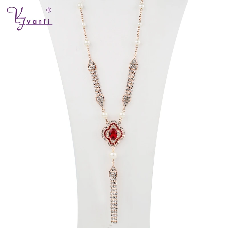 Hot Sale Item Rose Gold Color For Girls/Women Jewelry Long Necklace Red Stone Necklaces Jewelry ...