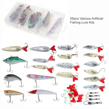 

55pcs/lot Mini Artificial Fishing Lure Kit Include Hard Lure Minnow / Popper with Luminous Lead Hooks Box for Sea Fishing