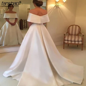 

Simple White Satin Wedding Dresses Boat Neck Off The Shoulder A Line Sweep Train Bridal Dress Robe De Mariage