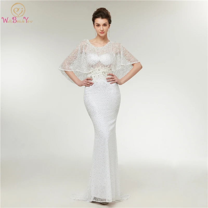 

White Sequined Lace Prom Dress 2019 New Robe De Soiree Elegant Floor Length Sweep Train Mermaid Robe Femme Long Evening Dress