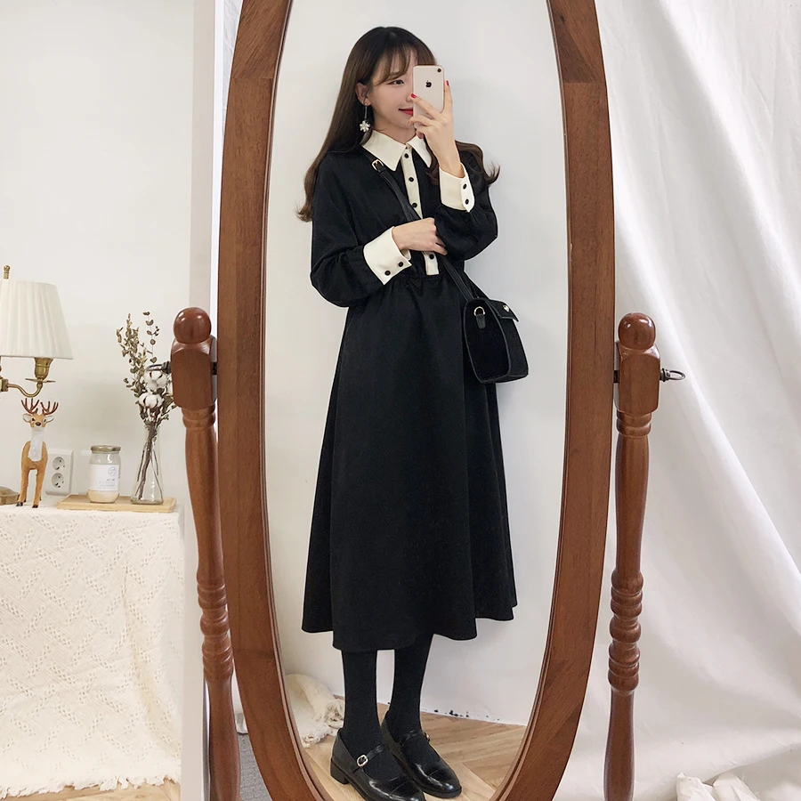Primavera Inverno Vestido Básico Longo Feminino Estilo Coreano Design Temperamento Senhora Uma Linha Bonito Doce Meninas Botão Camisa 6112 2020 10 Moda Feminina