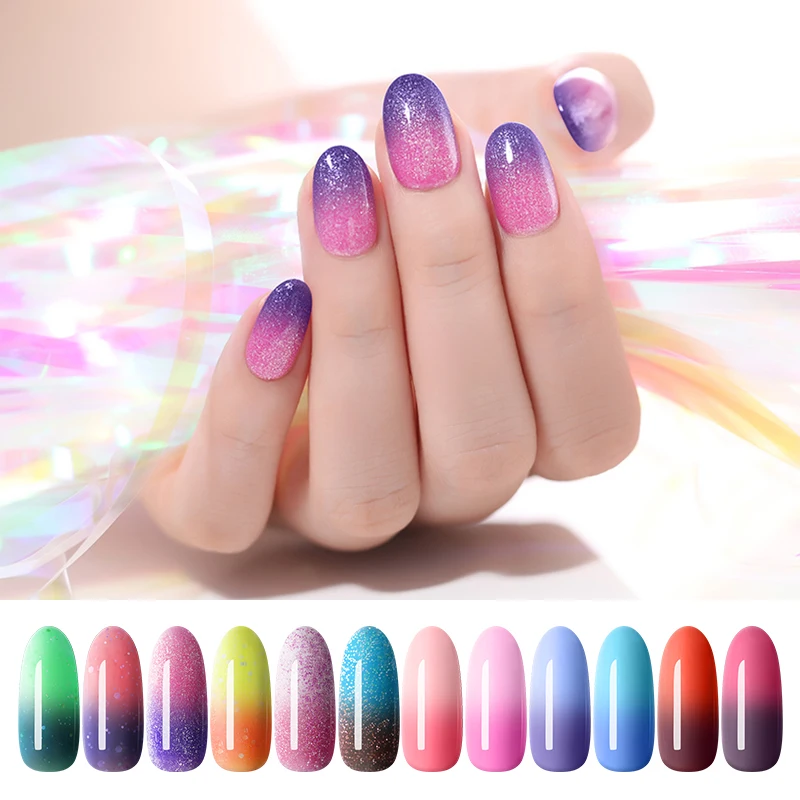 

HARUNOUTA 12ml Thermal UV Gel Polish Color Changing Glitter Nail Art Gel Varnish Long Lasting Soak Off Nail Manicure