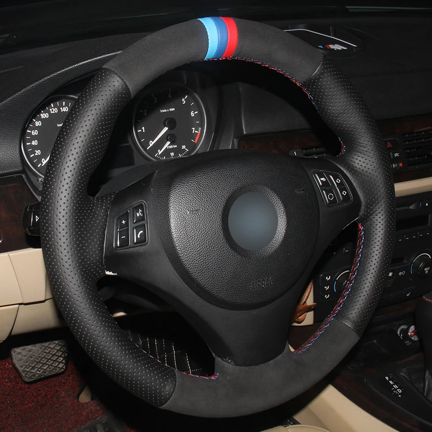 Черный из натуральной кожи черная замша рулевого колеса автомобиля крышки для BMW E90 320i 325i 330i 335i E87 120i 130i 120d