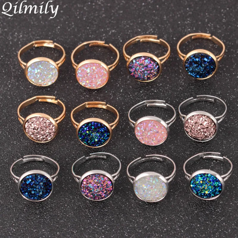 

Qilmily Adjustable Nature Stone Gravel Round Ring for Women Men Gold Silver Radiation Protection Jewelry Wedding Gifts Souvenirs