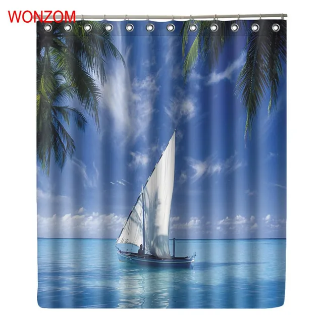 Wonzom Sailing Boat Shower Curtains With 12 Hooks For Bathroom Decor Wonzom Sailing Boat Shower Curtains With 12 Hooks For Bathroom Decor Modern Landscape Sea Bath Waterproof