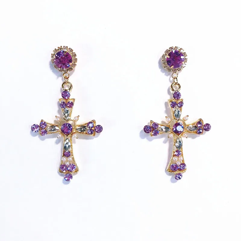 

Baroque Style Cross Dangle Earrings For Women Vintage Shining Crystal Statement Drop Earrings Street Ear Accessories Female
