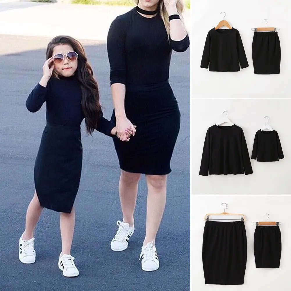 

Family Matching Sets Mother Daughter Clothes Sets Casual Clothes Solid Black Sweatshirt Tops Skirts 2PCS Outfit Spring Autumn
