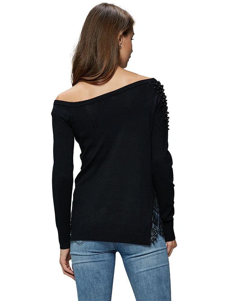 GLO-STORY 2018 Fashion Women Off-Shoulder Solid Pullover Sweater Beading Lace Open Hem Sexy Female Knitted Tops WMY-4972 GLO-STORY 2018 Fashion Women Off-Shoulder Solid Pullover Sweater Beading Lace Open Hem Sexy Female Knitted Tops WMY-4972
