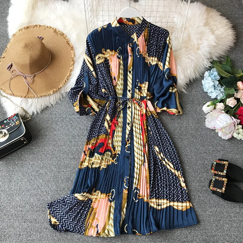 

New Korean Pleated Dresses Women Spring Summer Elegant Long Sleeve Print Dress Female Party Chiffon Dresses Elegant Robe Femme