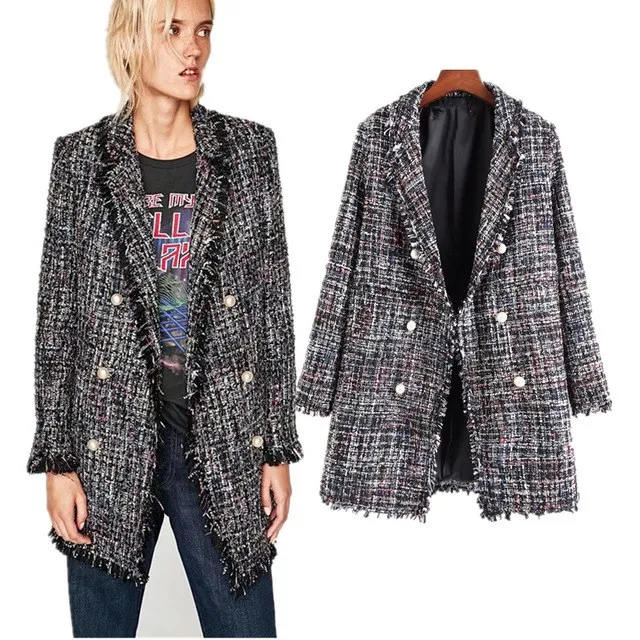 font b Women b font Loose Blazer 2017 European Style Tweed Notched Single Breasted Long