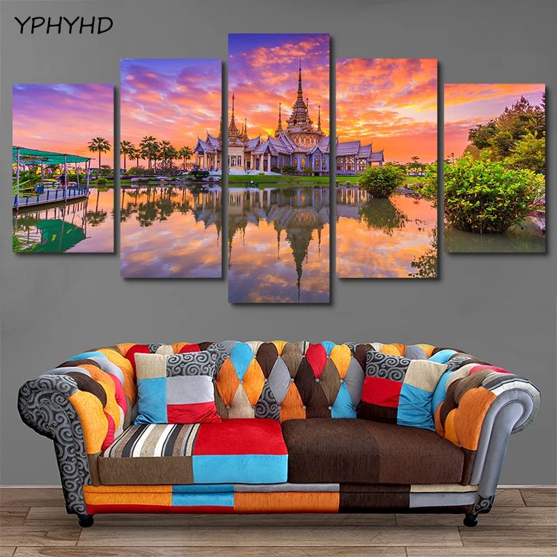YPHYHD 5 панель HD закат Таиланд религиозный храм Фотографии Живопись стены