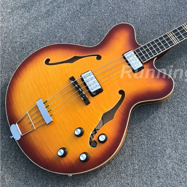 

4 strings Horfner Semi Hollow Body Electric Bass Guitar VOS Color Customized Guitar High Quality Hardware Flamed Maple Top&Back