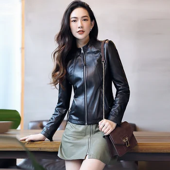

New 2019 autumn winter natural sheepskin leather jacket women stand collar slim real leather coat outerwear