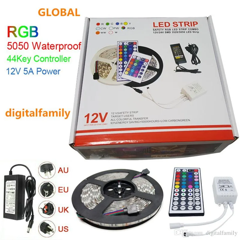cheap 5M RGB LED Strip 5050 LED Light Christmas gift Waterproof With 44 Keys IR Remote Controller+DC12V 5A Power Adapter In Retail Box