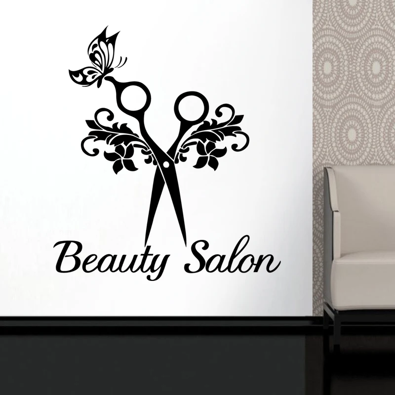 

DCTAL Butterfly Scissors Hair Beauty Salon Sticker Decal Neutral Haircut Poster Vinyl Wall Art Decals Decor Windows Decoration