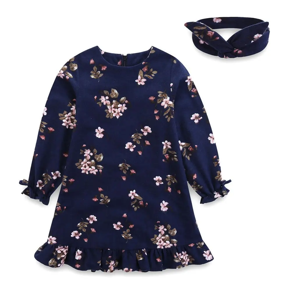 

New Girls Dress Long Sleeve Floral Printed Cotton Dress for Girl Princess Dress Hair band Set Casual Spring Fall Kids Clothing