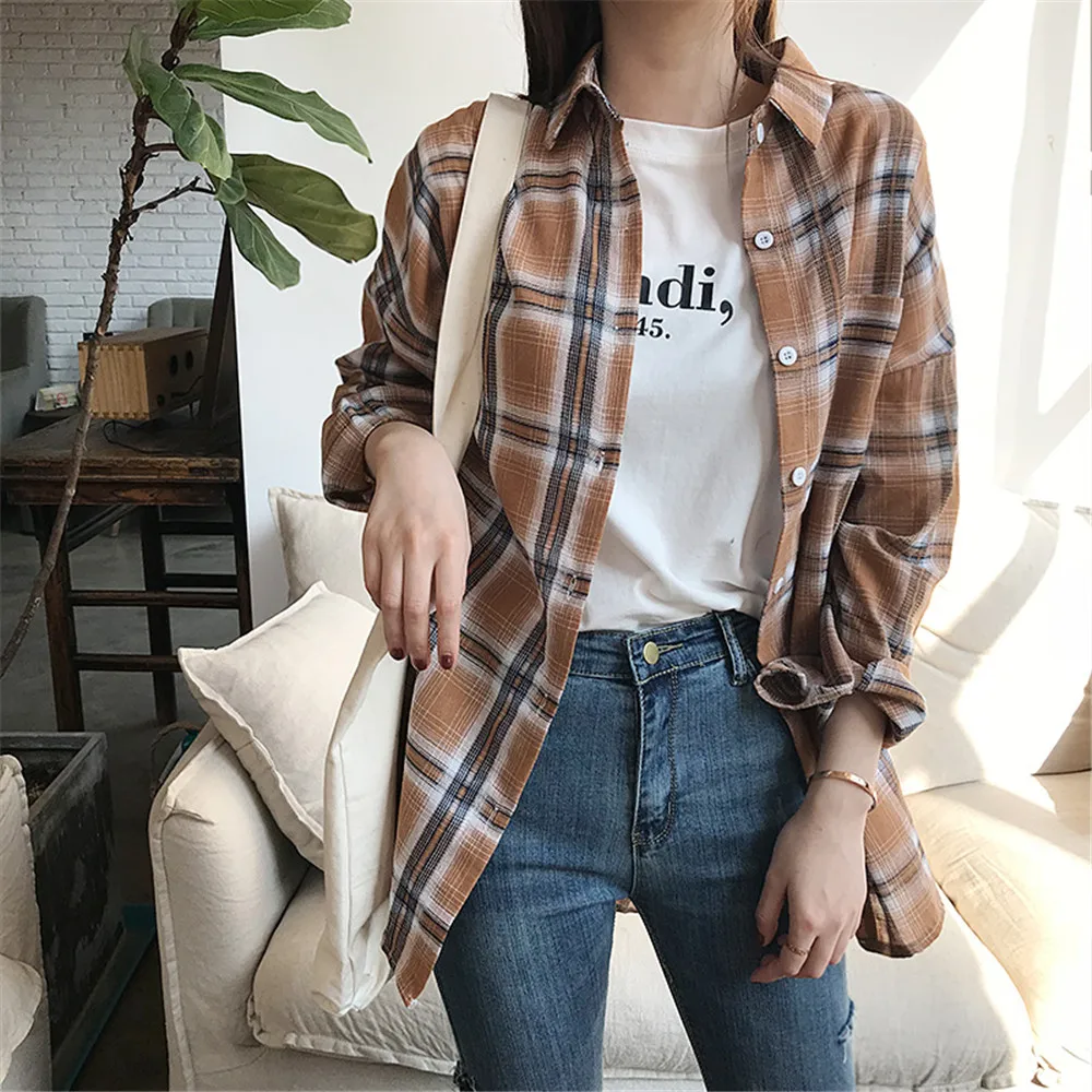 Autumn Boyfriend Style Women Blouse 2018 All Occasion Match casual College shirt long sleeve turn-down collar Plaid Office Shirt (25)