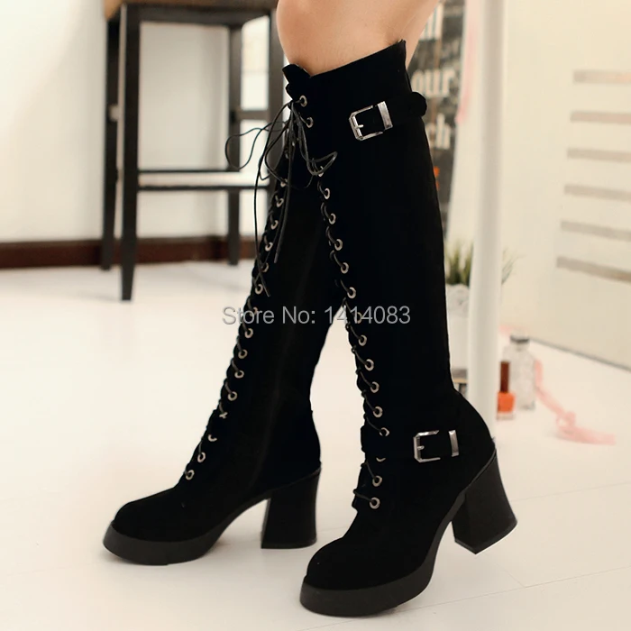 

European knight style handsome knee high boots lace up belt buckle decorative side zipper high heel riding boots women boots