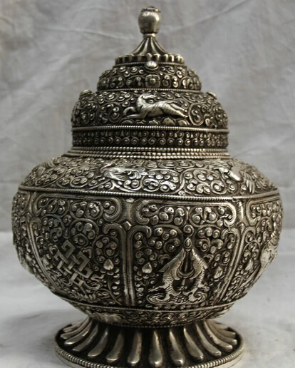 

JP S0524 12" Tibet Tibetan Buddhism silver 8 Auspicious Symbol Incense Burner Censer