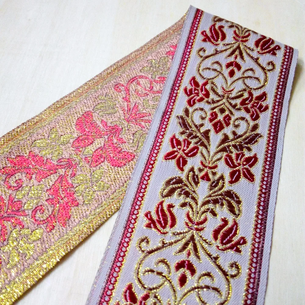 

6.8cm 68mm 2-3/4' Beautiful Ethnic Red Filigree Golden Classical Bedding Lace Curtain Laciness National Jacquard Embroidery Trim