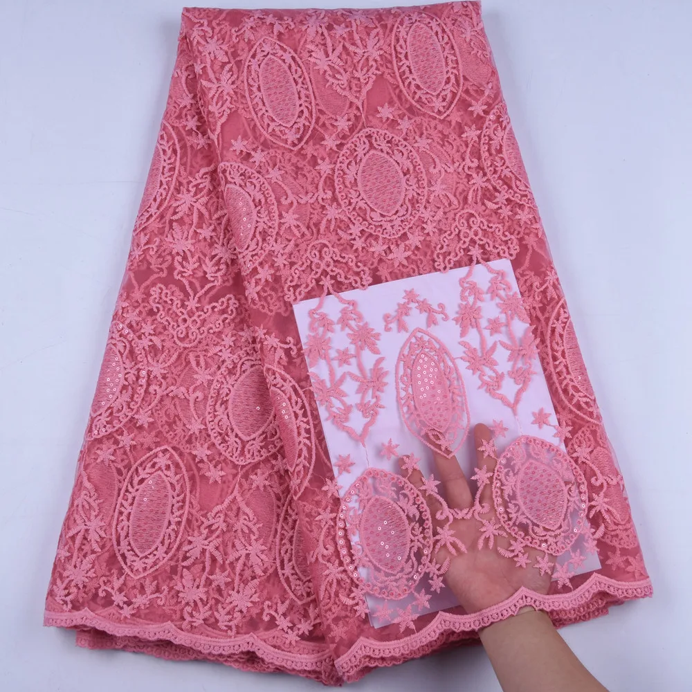 

African Peach Laces Embroidered Nigerian Laces Fabric High Quality Sequins French Mesh Lace Fabric For Party Dress 1636
