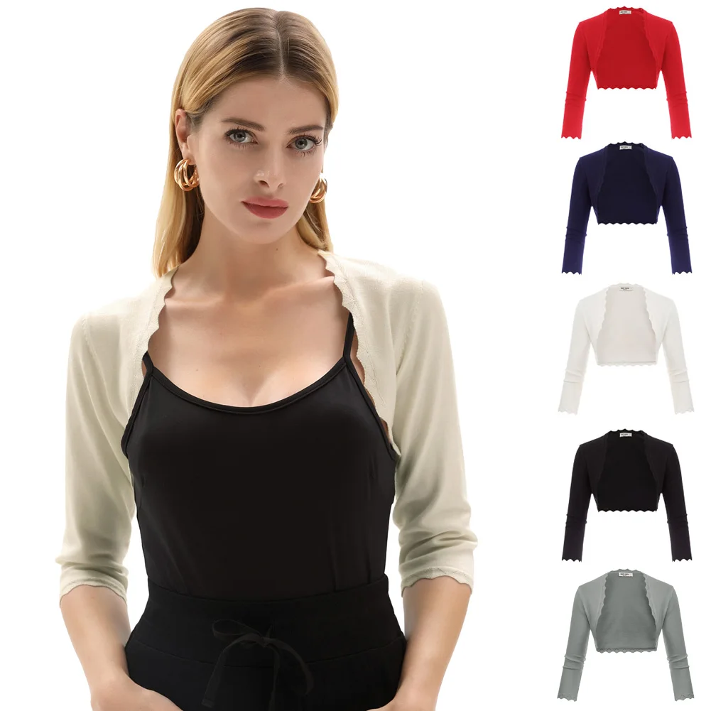 New  GK Black/ Ivory Women's 3/4 Sleeve Open Front bolero shrug office work wear party slim Copped tops 