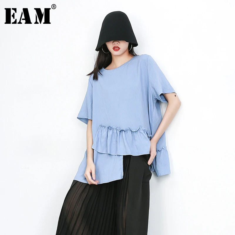 

[EAM] 2019 New Spring Summer Round Neck Short Sleeve Blue Irregular Ruffles Split Joint Big Size T-shirt Women Fashion JU648