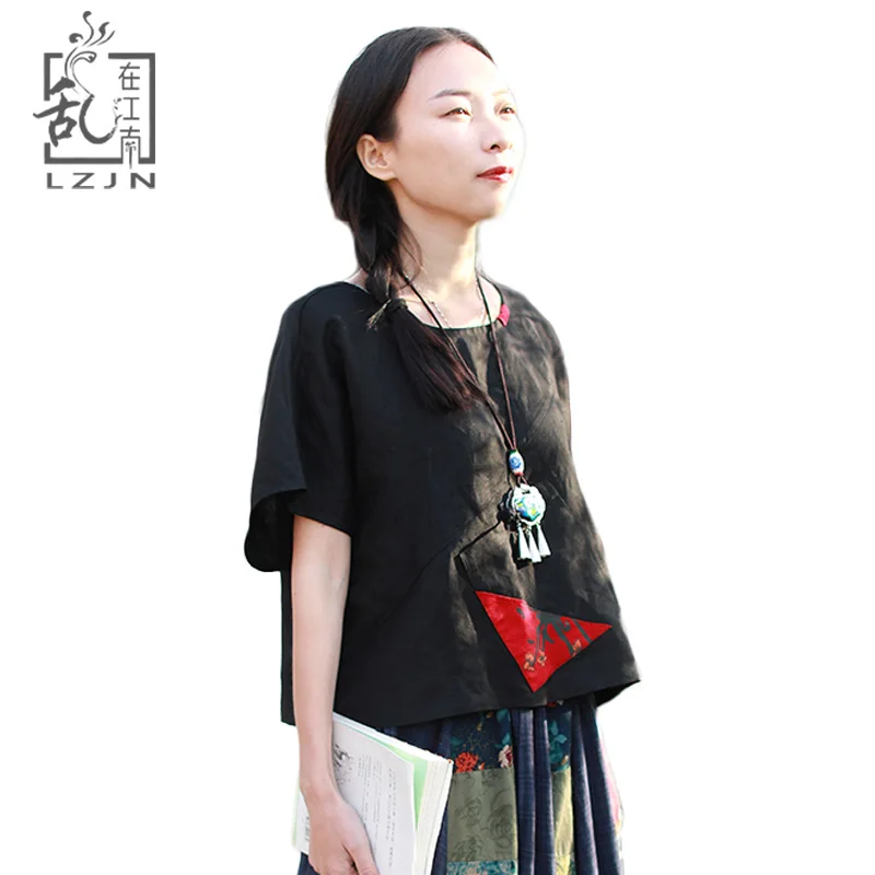 

LZJN Summer Tops for Women 2019 Short Sleeve Ethnic Black Linen Shirt Crew Neck Flax Blouse Single Pocket Contrast Patchwork