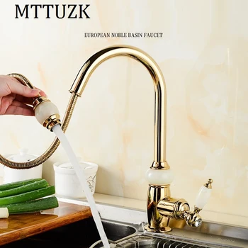 

MTTUZK luxury Kitchen pull out faucet gold brass with jade for cold and hot mixer tap Sink faucet Vegetable washing basin faucet