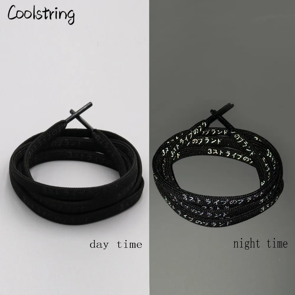 Coolstring Flat Printed Patterned White Black 3M Reflective Letter Japanese Shoelaces Flashy Bootlaces Patterns Dress Shoe Laces
