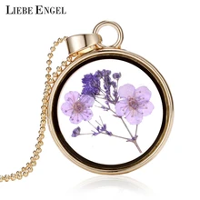LIEBE ENGEL Fine Jewelry Dry Flowers Round Glass Pendant Necklace Gold Color Long Chain Necklace Vintage Summer Necklace Gift
