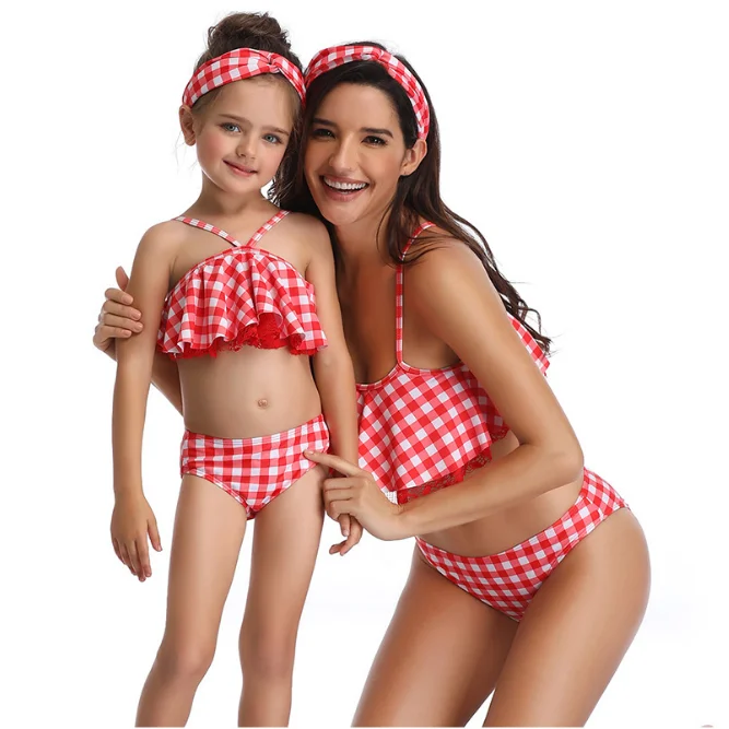 

Red Plaid Mommy And Daughter Swimsuit Ruffle Solid Pink Bikini Set Family Matching Swimsuit Mother and Daughter Cut Out Swimsuit