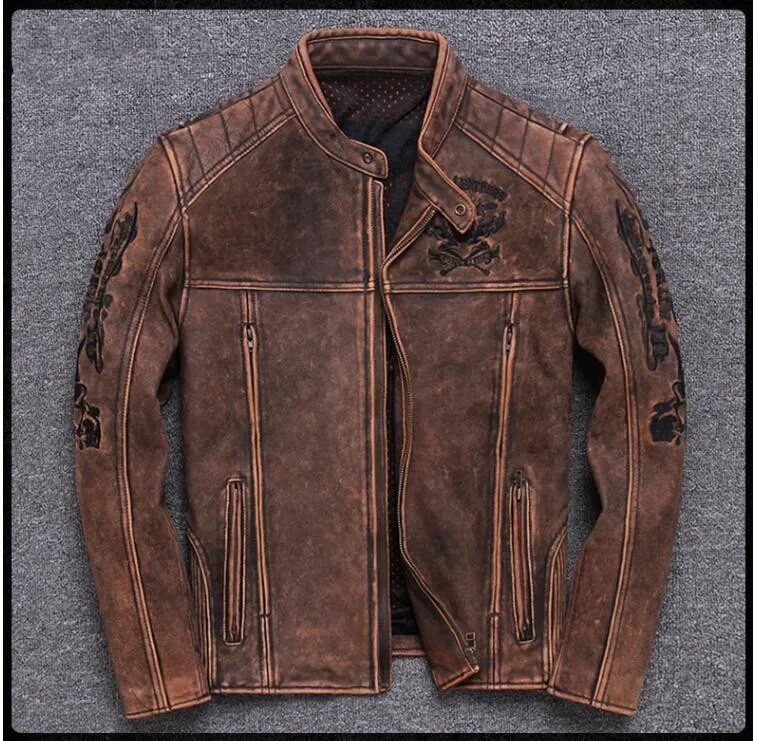 Винтаж красные, коричневые для мужчин Американский мотоцикл кожаная куртка плюс размеры XXXXXL из натуральной толстой воловьей кожи Байкер пальт - Цвет: Vintage Red Brown