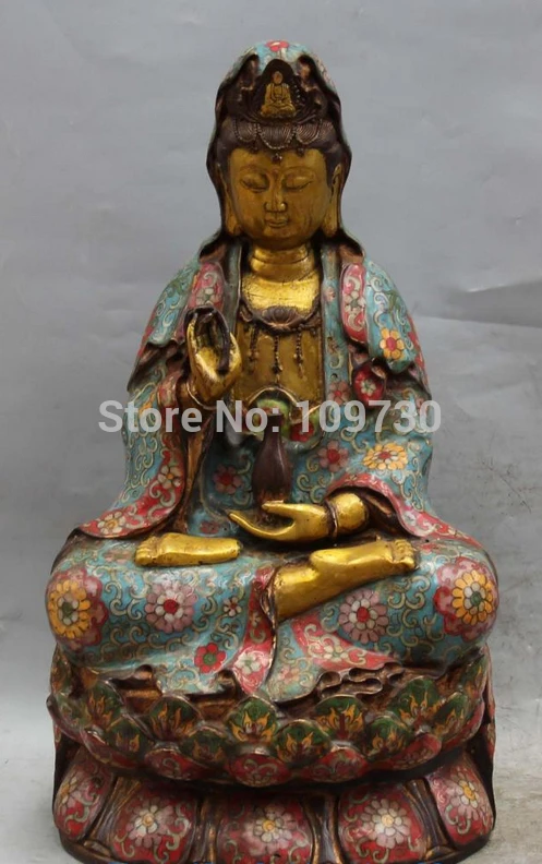

001563 18" Chinese Cloisonne Gold Gilt Lotus Kwan-yin God Shakyamuni Buddha Vase Statue