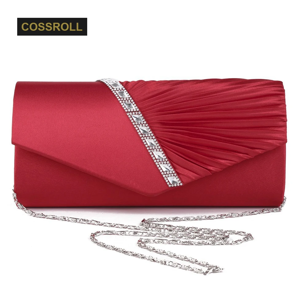 Women Silk Evening Bag Rhinestone Day Clutch Pleated Chain Blue Red Long Purse For Bridal Wedding Hand Bags bolso | Багаж и сумки