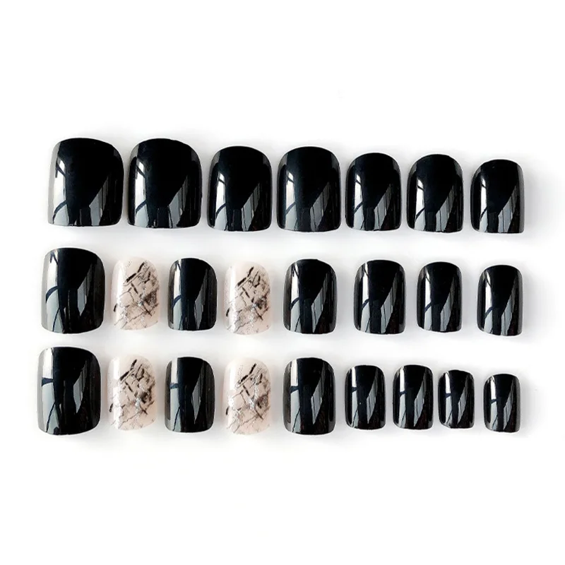 Женские летние модные накладные ногти полное покрытие узоры для ногтей с блестками советы с клеем девушки DIY рендеринг черные поддельные ногти 24 шт