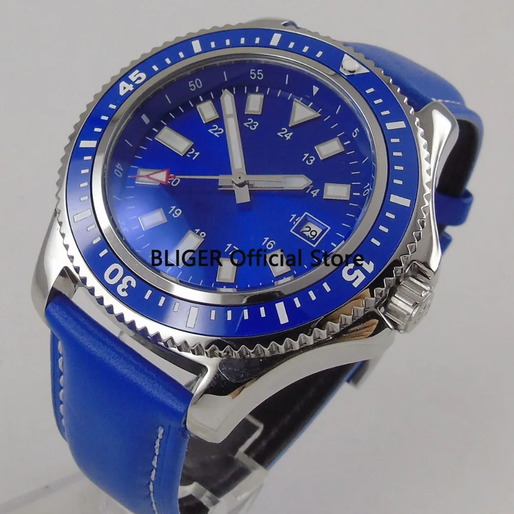 

Solid 44mm BLIGER Blue Sterile Dial Ceramic Rotating Bezel Luxury Luminous Marks Miyota Automatic Movement Men's Wrist Watch B48