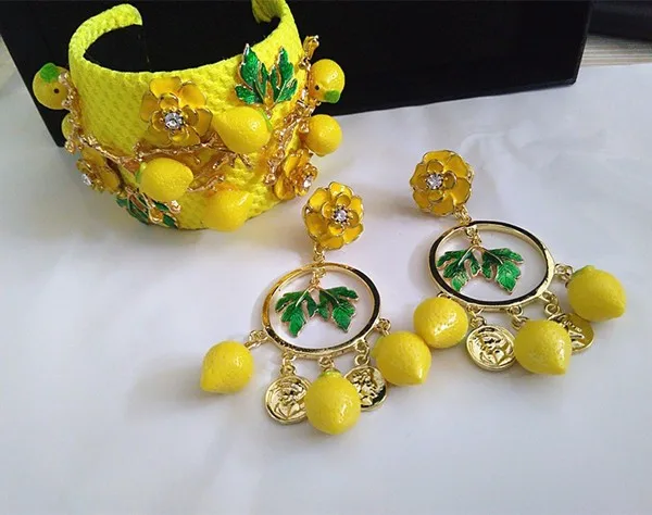 Новые горячие барокко Мода Подиум милый желтый лимонный цветок зеленый обруч в форме листьев для женщин Роскошные винтажные аксессуары для волос ювелирные изделия
