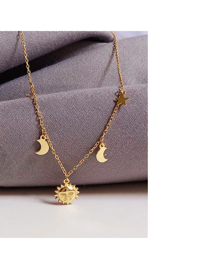 Leouerry 925 Sterling Silver Beautiful Sun Moon Star Necklace 14K Gold Plated Clavicular Chain Necklace for Women Simple Jewelry